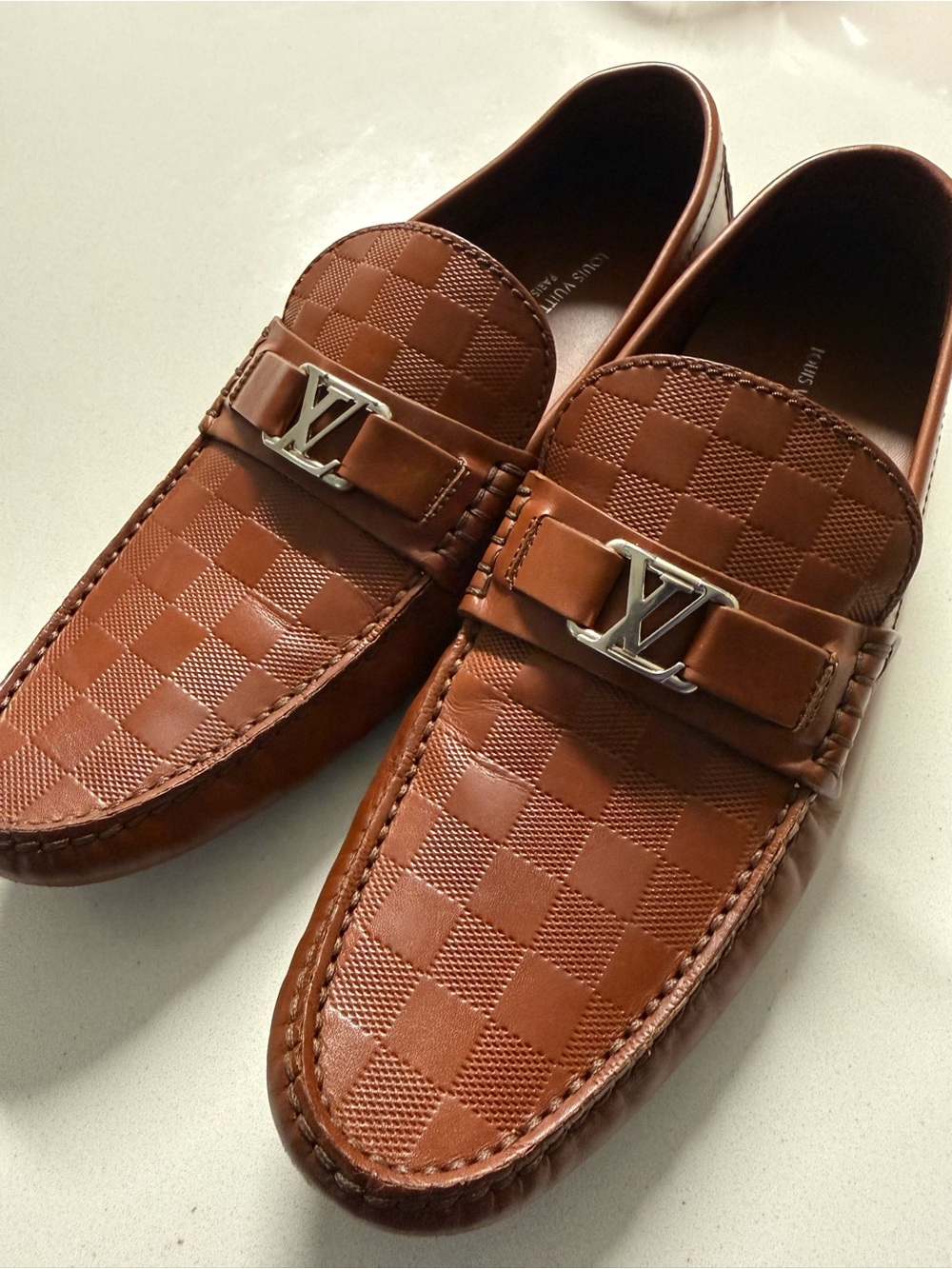 Louis Vuitton Men’s Tan Brown Leather Checkerboard Loafers - Picture 2 of 4